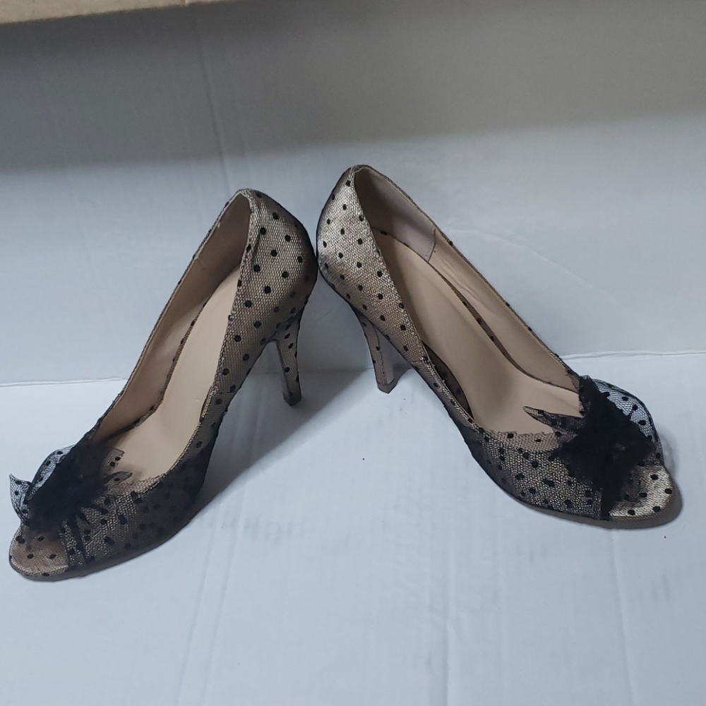 Heart In D Peep Toe Black Tan Pokadot Heels